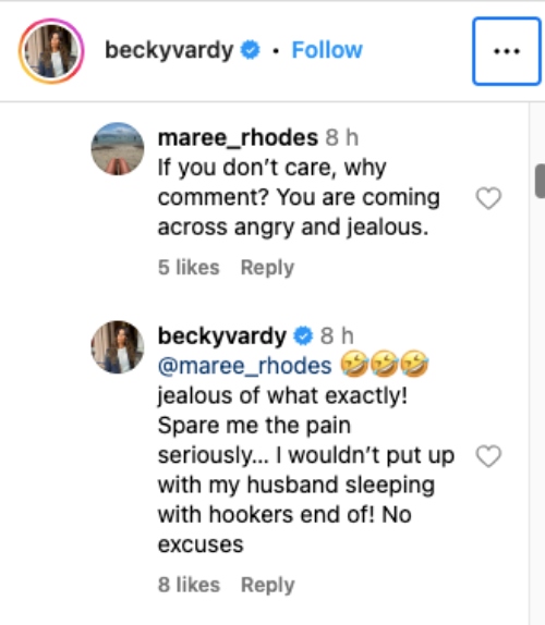 Rebekah Vardy hits back at a negative comment on Instagram