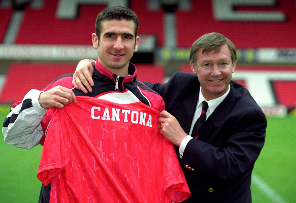 Eric Cantona with Sir Alex Ferguson after signing for Manchester United 