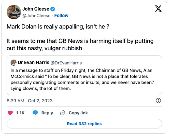 Cleese criticises Mark Dolan on Twitter.