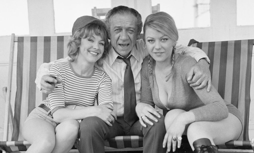 Jacki Piper, Sid James and Margaret Nolan on the set of Carry On Convenience  